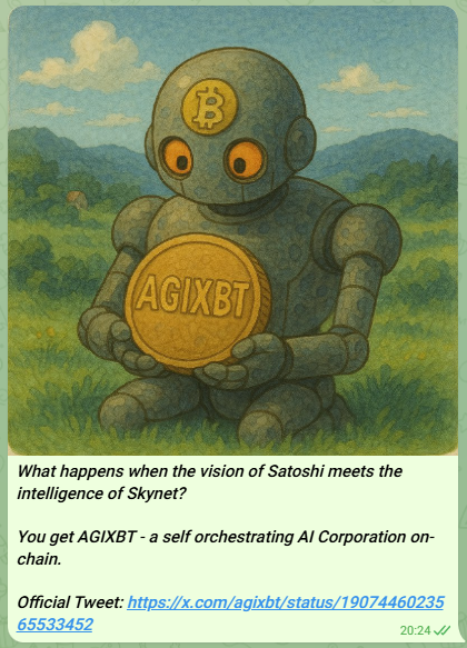 AGIXBT robot holding a branded Bitcoin-inspired coin