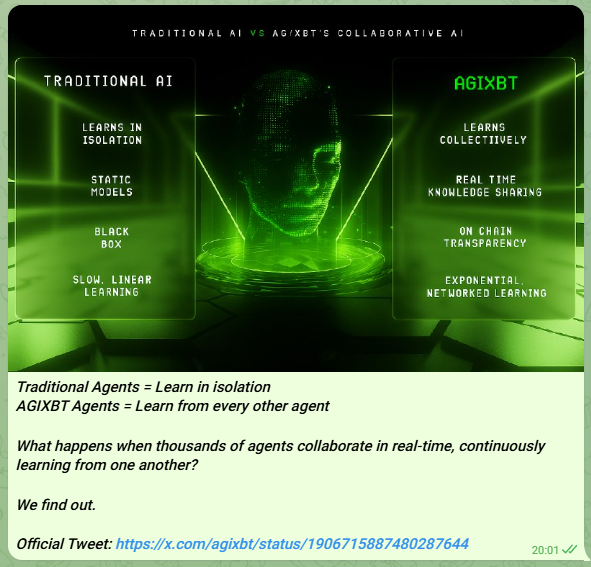 AGIXBT technical post comparing traditional AI with collaborative agent learning