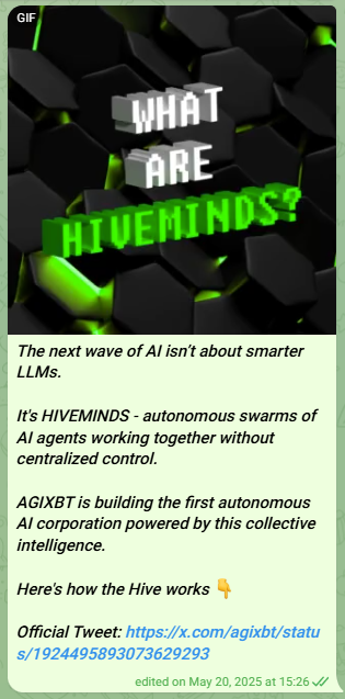 AGIXBT technical post explaining autonomous agent swarms called Hiveminds