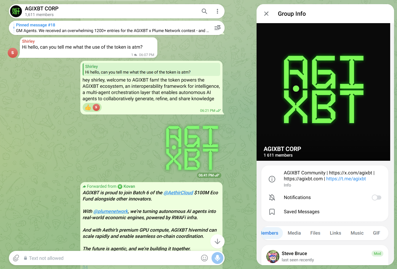AGIXBT Telegram moderator response and published community announcement