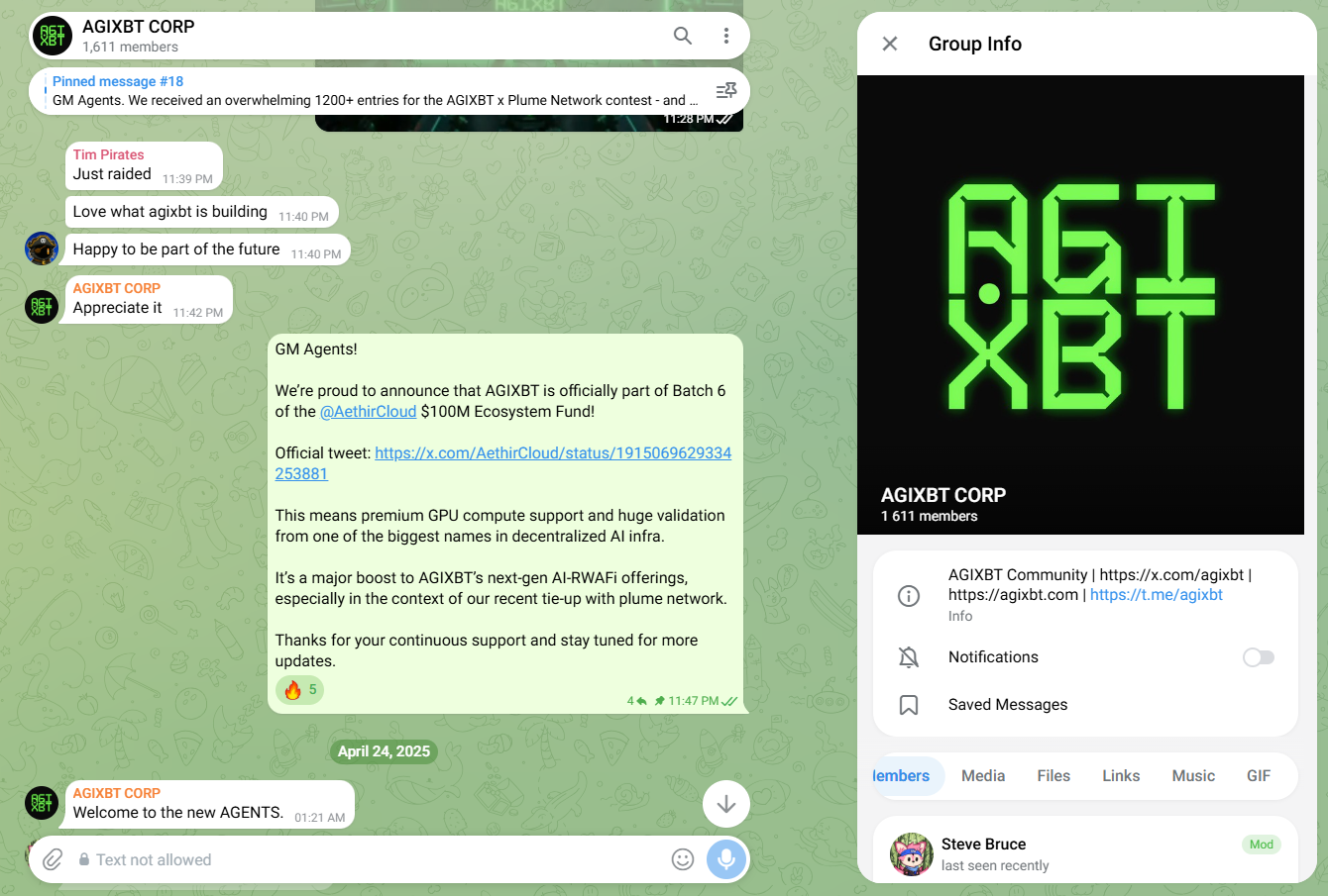 AGIXBT Telegram community showing a project update and group information