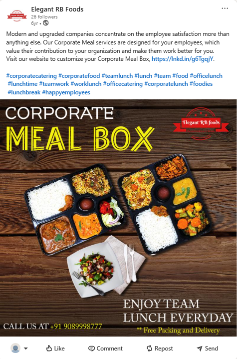 Elegant R.B. Foods LinkedIn post featuring company meals