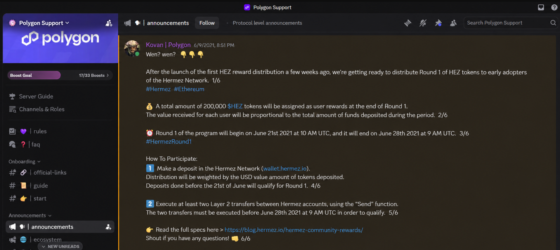Polygon Support Discord announcement about the Hermez community reward distribution