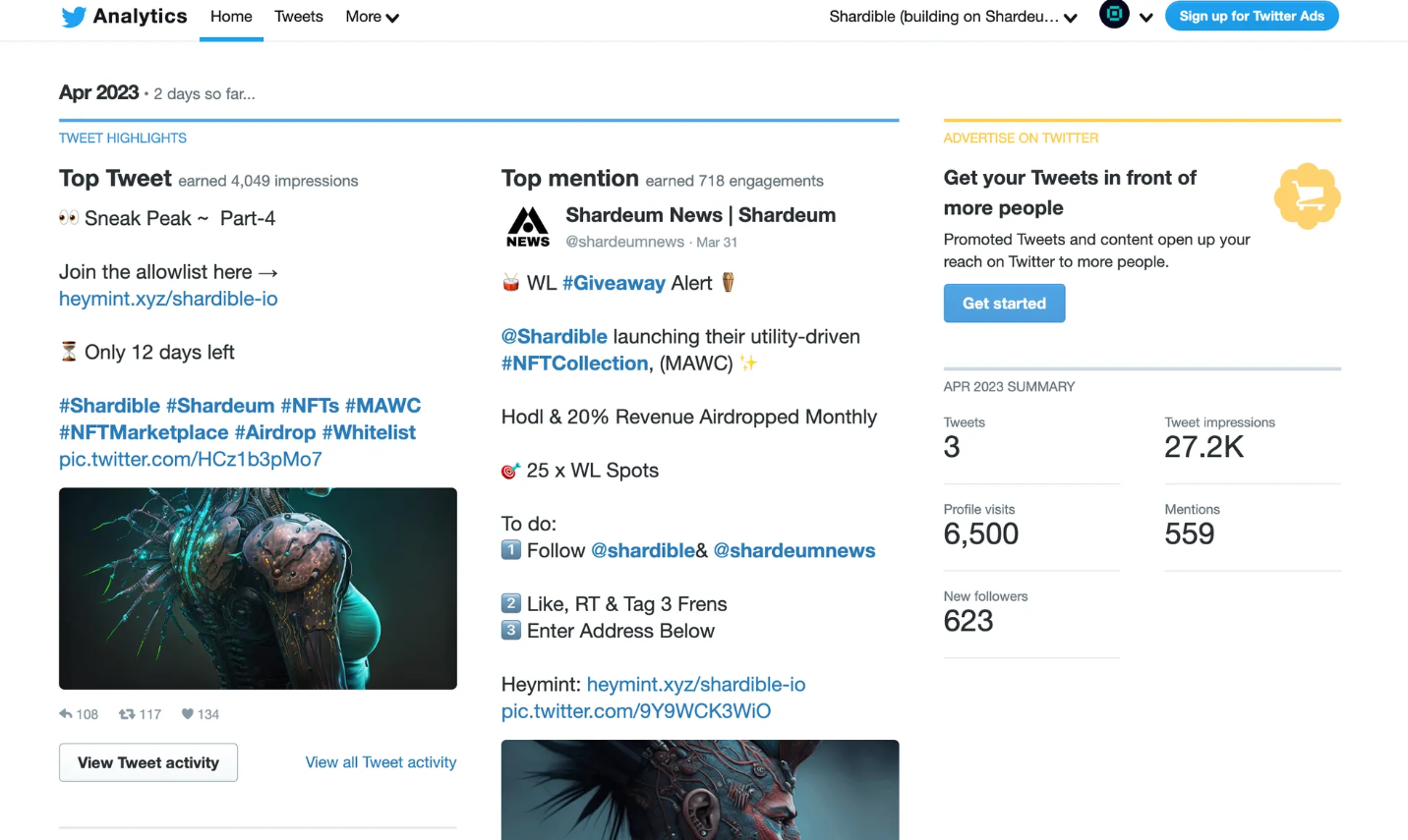 Shardible X analytics for April 2023 launch activity